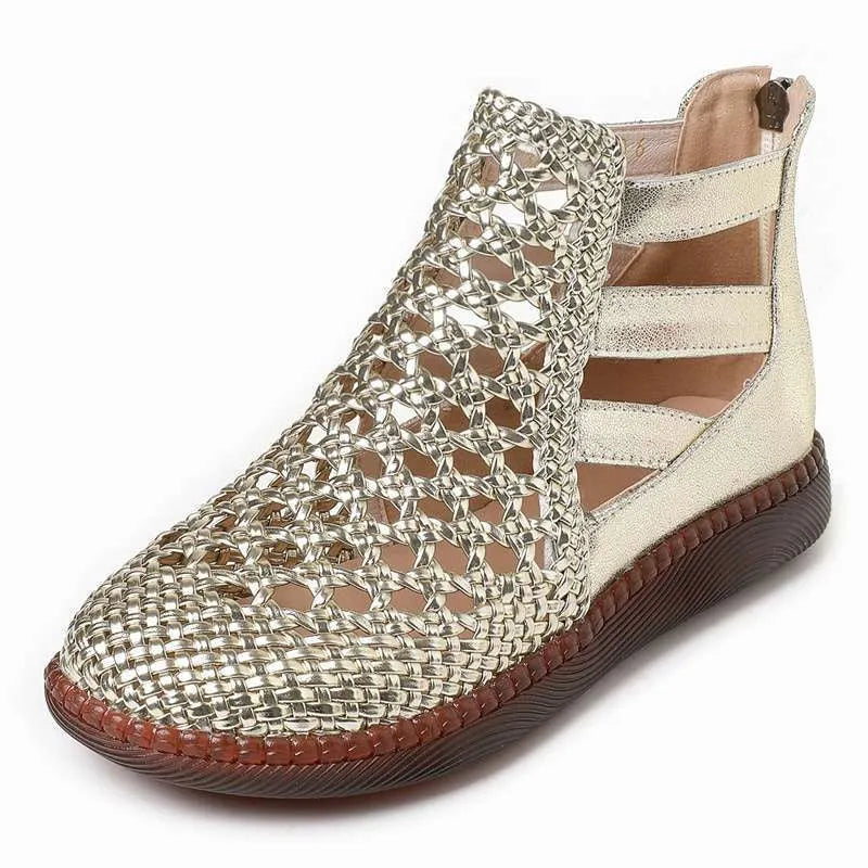 Women's gold and white flat sandals with hollow-out design and round toe
