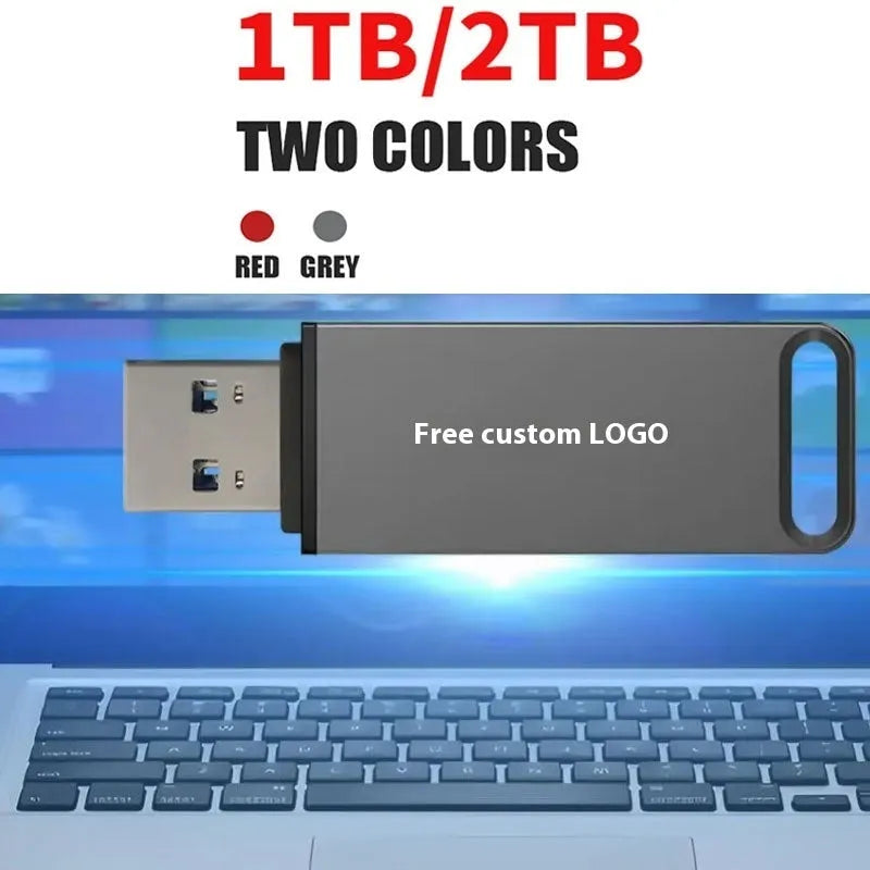 Customisable metal USB flash drive in black, red, or silver, showing high-capacity options from 1TB to 16TB.