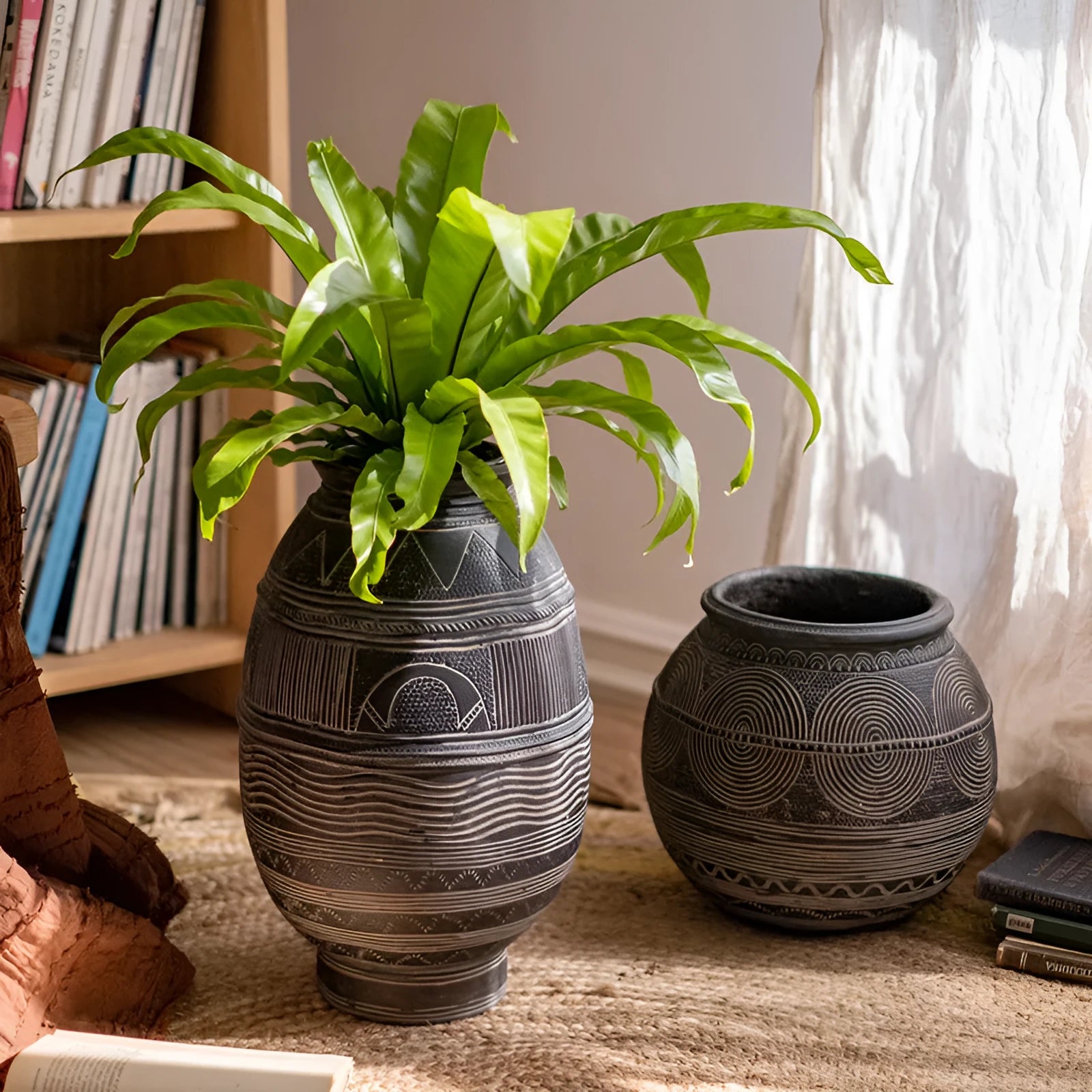 Cement African art ancient pot decorative flower pot medium size with drainage holes