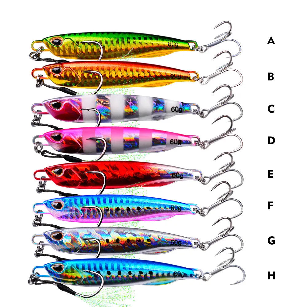 Luya metal submerged tossing lure with treble hook and iron plate in multiple weight options from 10g to 60g