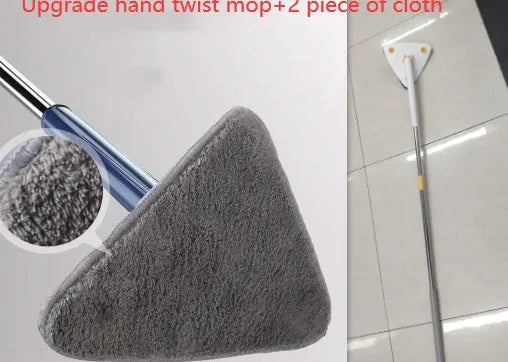 Extendable triangle mop with rotating blue head and adjustable stainless steel pole for corner cleaning