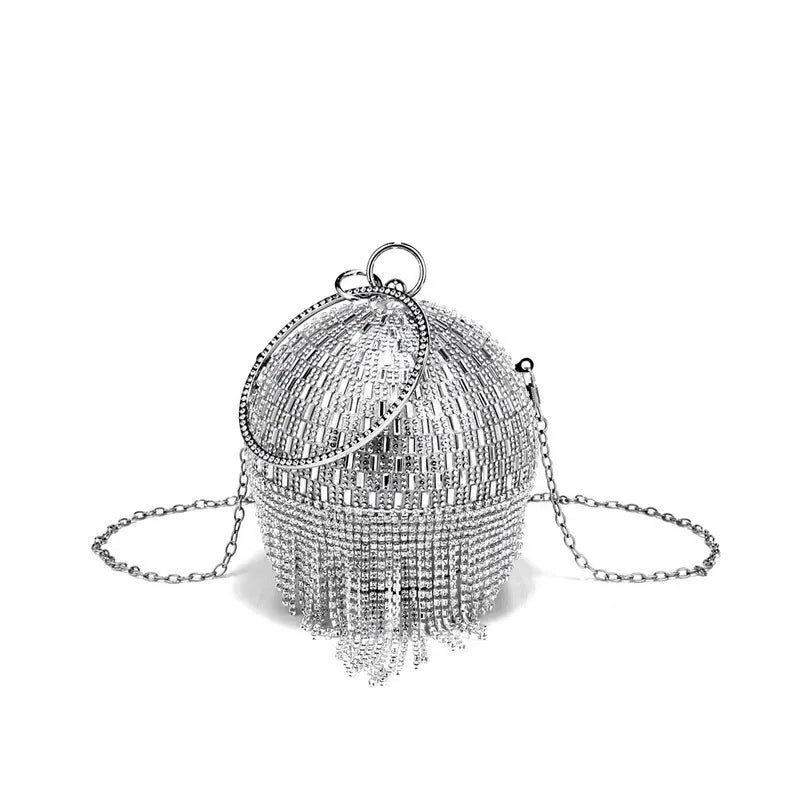 Shining rhinestone round tassel dinner bag in silver with three-dimensional outer pocket