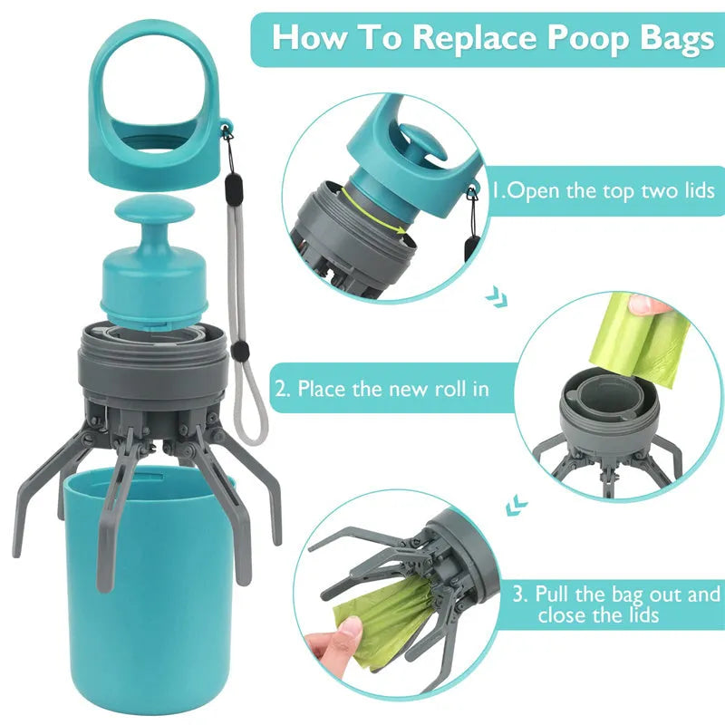Blue plastic portable dog pooper scooper with built-in bag dispenser and carrying lanyard.