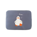 Blue cotton tablet case with embroidered cartoon duck design and a zipper closure, shown next to a green version.