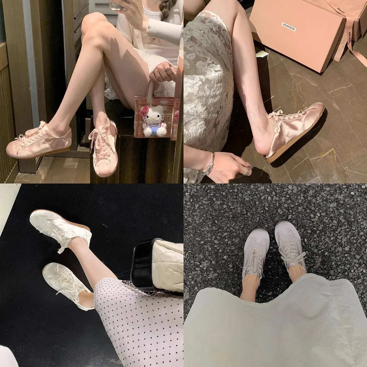Women's silver grey satin ballet flat shoes with front lace-up design and round toe.