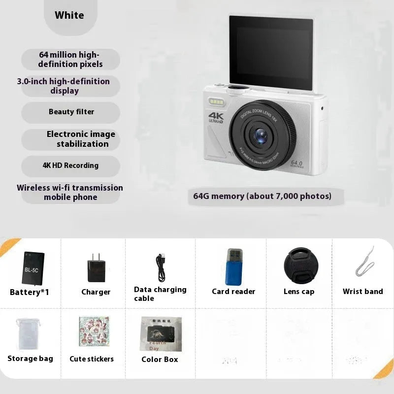 64 million HD mirrorless CCD camera with ABS body, black, front view showing lens and full HD screen
