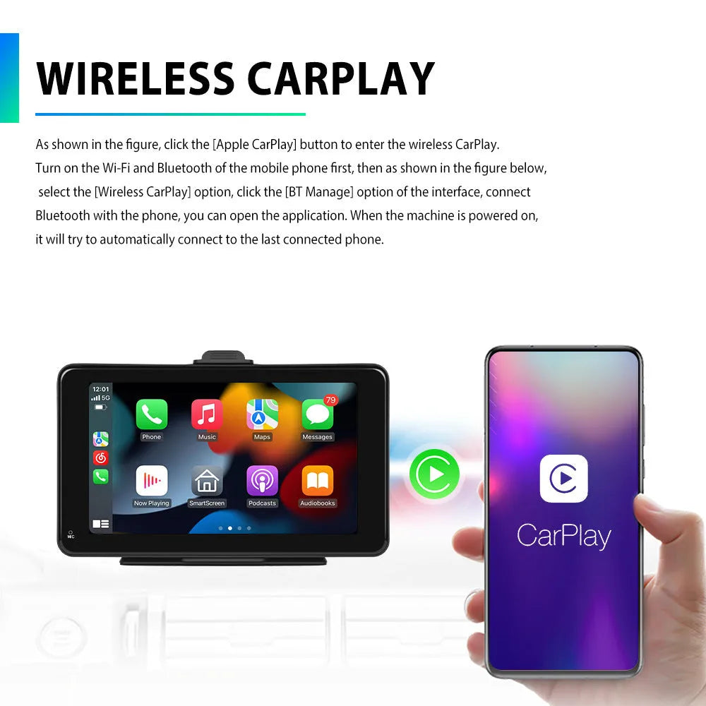 7 inch HD wired wireless media player screen with universal mounting brackets and cables on a dashboard