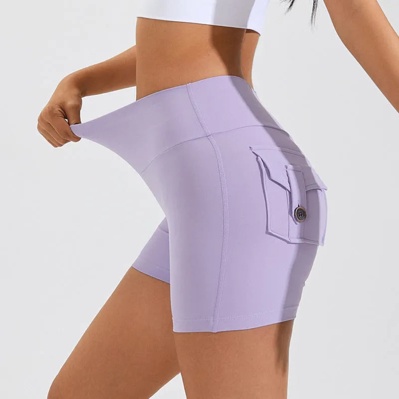Women's high waist hip lifting shorts with pockets in quick-dry fabric for summer fitness