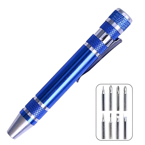 Aluminium alloy pen-type 8-in-1 screwdriver set in assorted colours with chrome vanadium steel shaft.