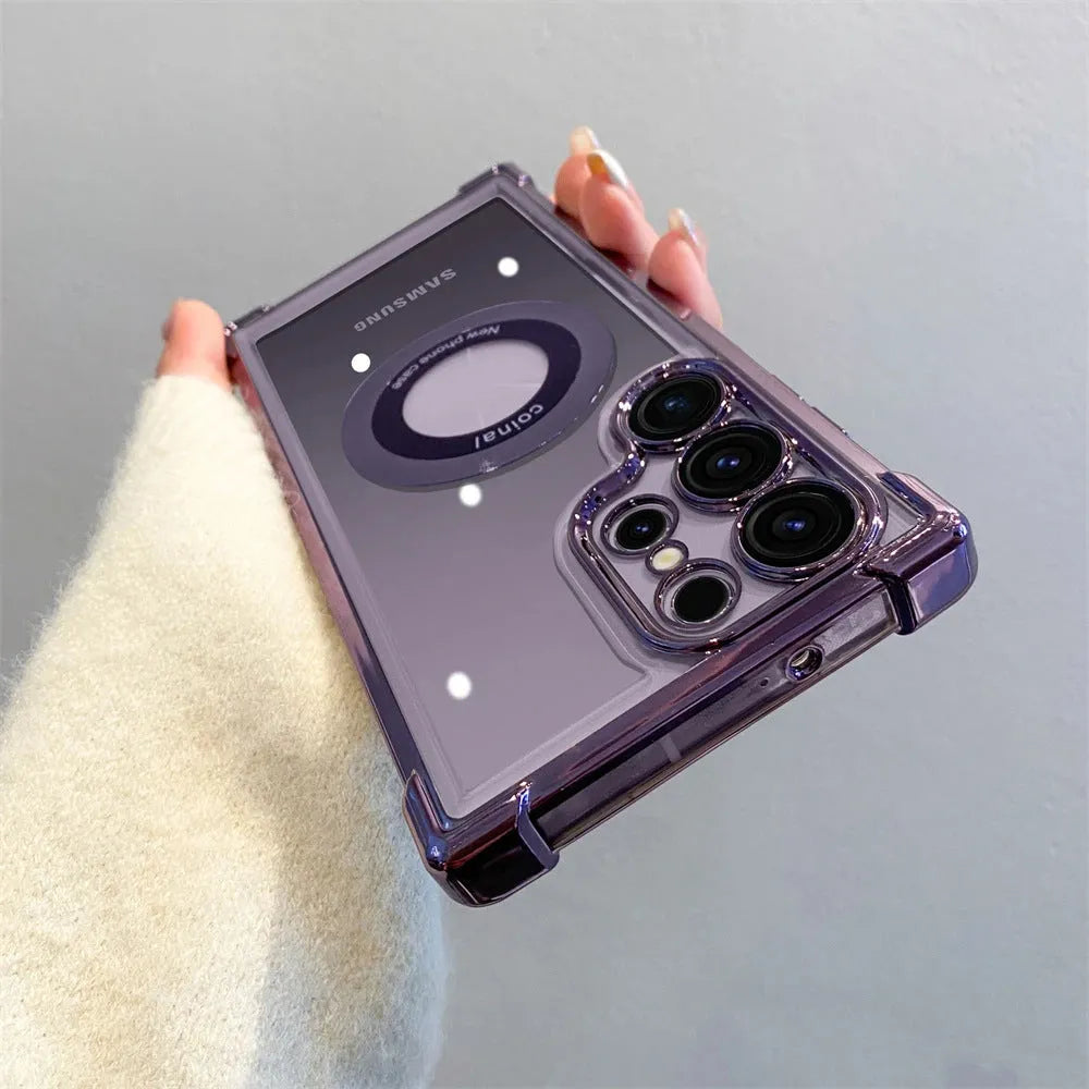 Hard TPU acrylic PC phone case with magnetic suction and electroplating finish for Samsung S23 Ultra, transparent back, colour Black