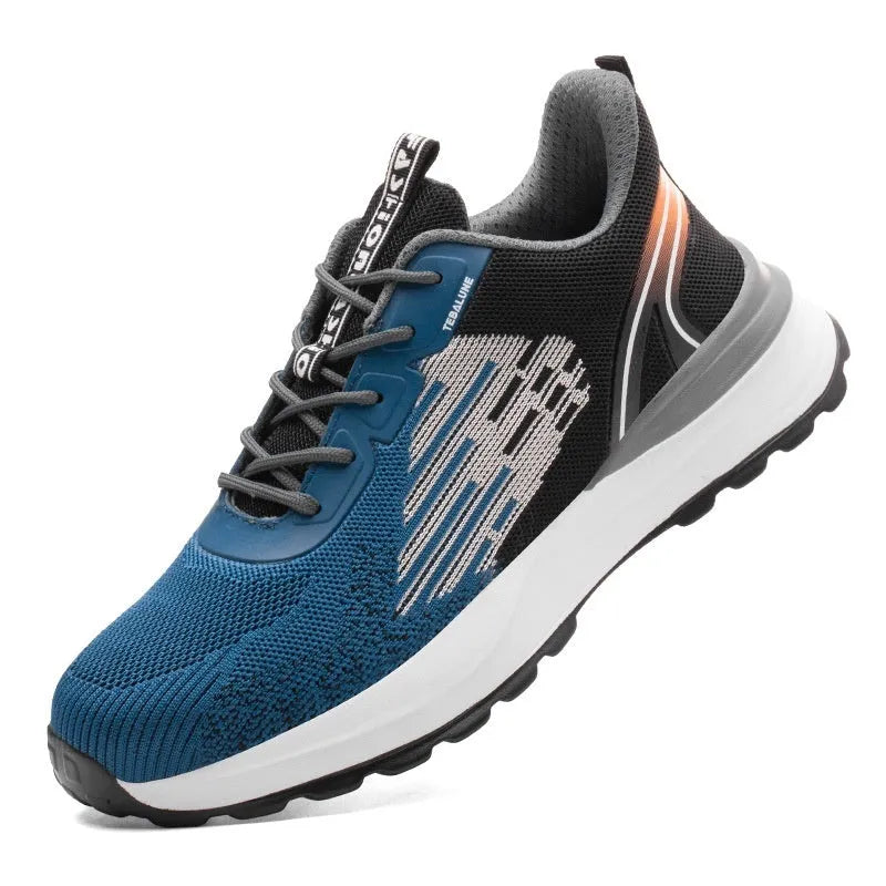 Blue men's safety work shoes with mesh upper, plastic toe cap, and lace fastening.