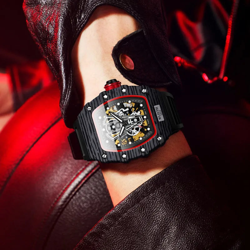 Automatic mechanical watch for men with black case, black strap, luminous dial, and 44mm size