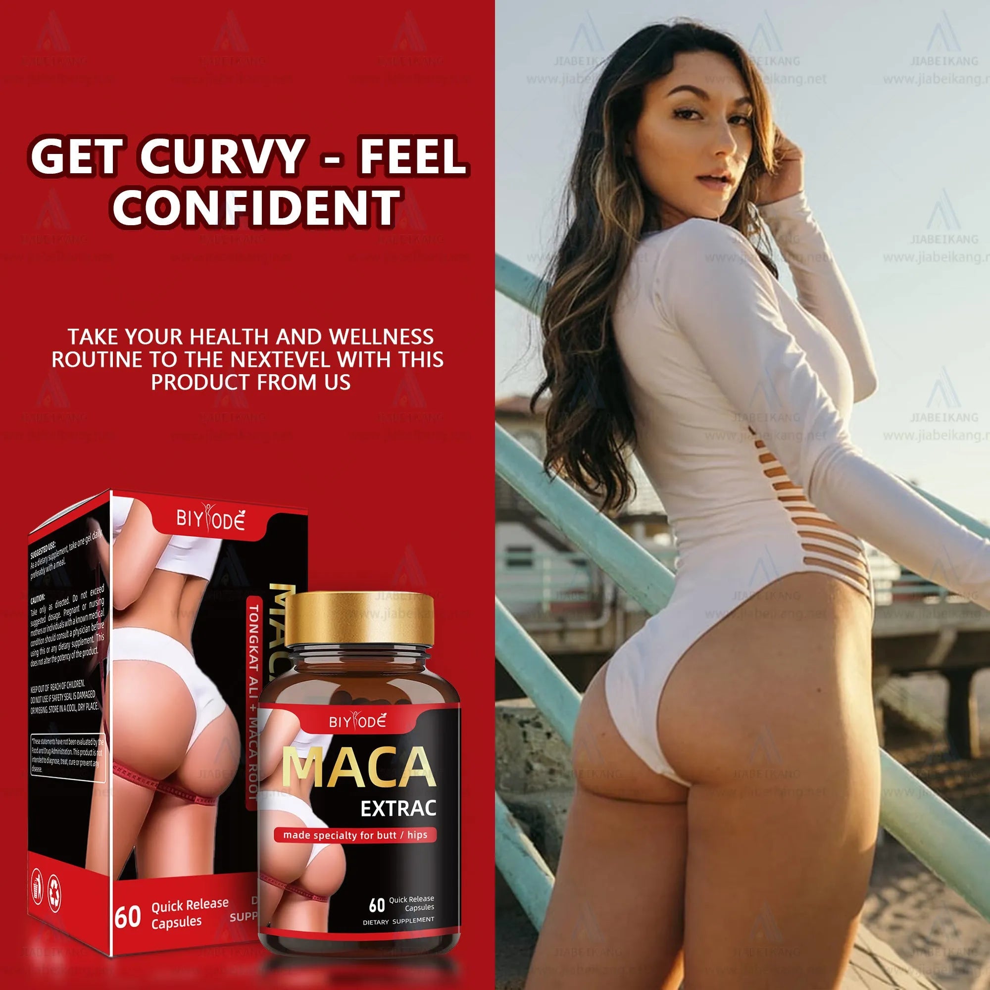 Bottle of maca root capsules for hip and butt enlargement 60 capsules per bottle herbal supplement