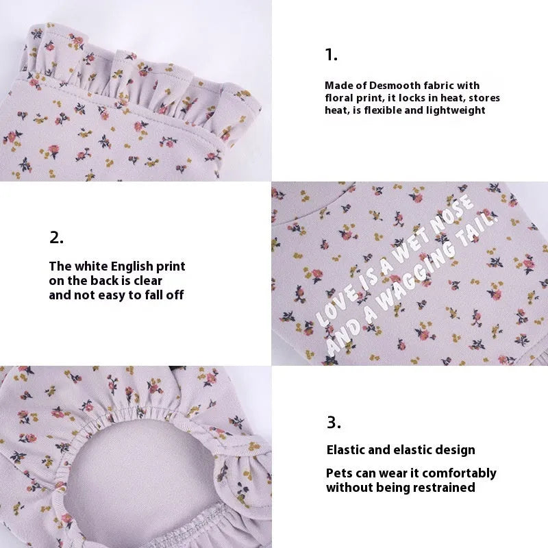 Light purple floral undershirt on a small bichon dog, showing the skirt style and fit.