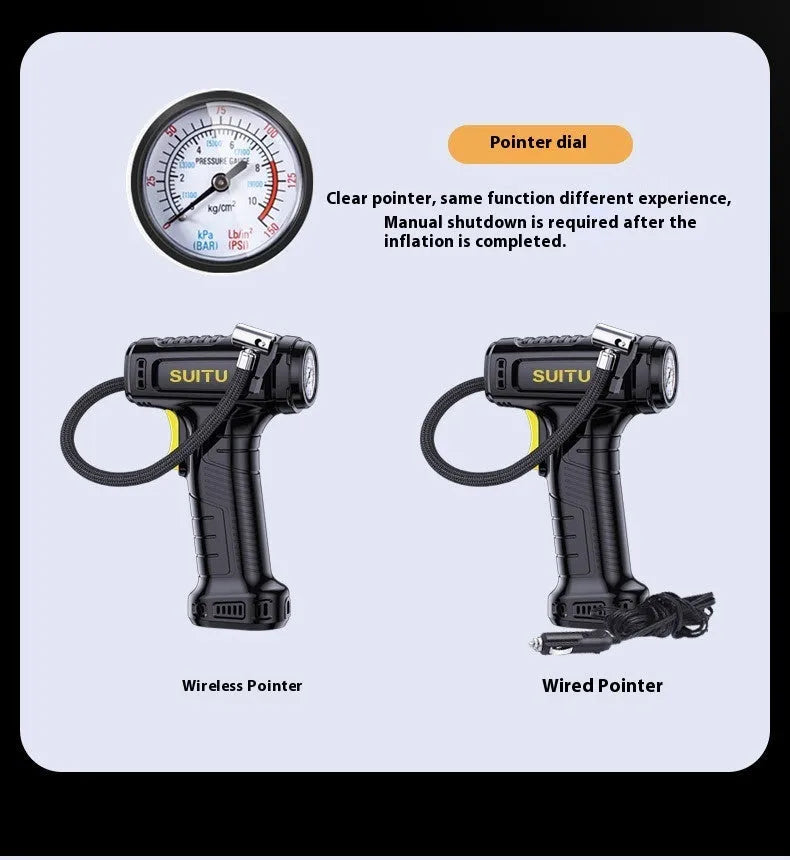 120W handheld inflator with digital display, lighting, ABS alloy body, 160 x 60 x 230 mm, DC12V, 20L/min airflow, air nozzle