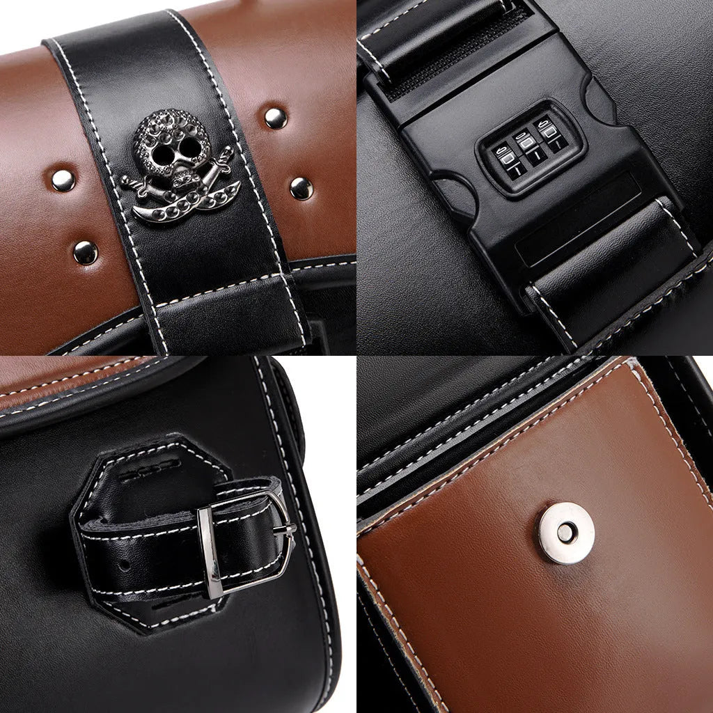 PU leather motorcycle front bag with colour contrast patchwork design mounted on vehicle