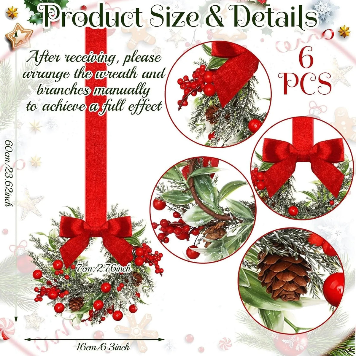 Handmade plastic Christmas garland with bowknot ribbon, available in red pine cone and green pine needle styles