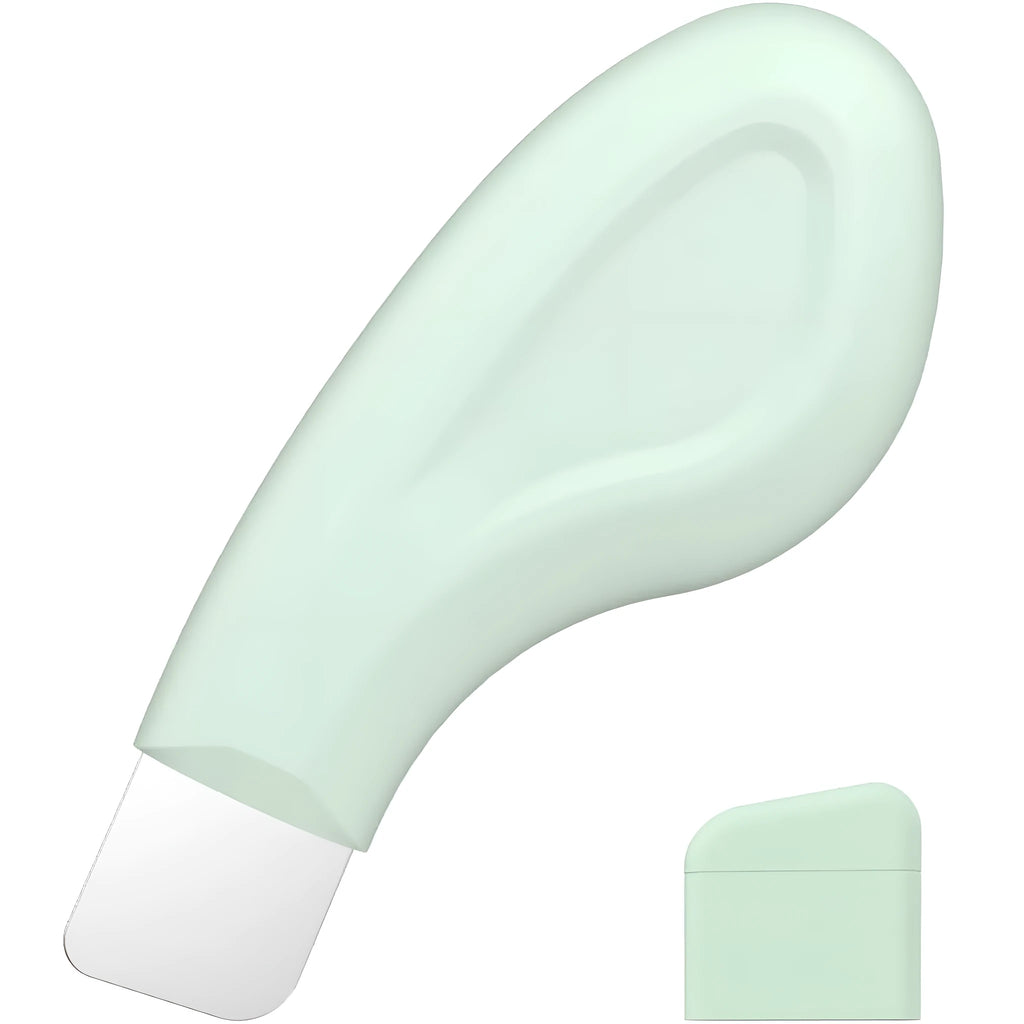 Stainless steel facial pore scraper tool with a green silicone non-slip handle on a white background.