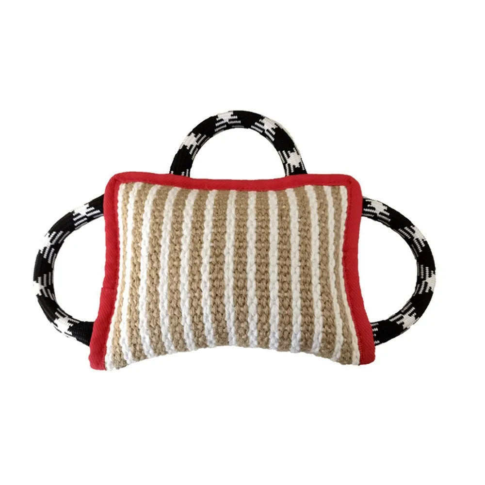 Dog jute bite pillow rope toy with three handles for tug of war games
