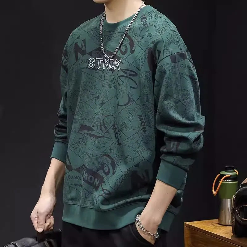 Men's round neck print sweatshirt in brown, loose fit, long sleeves, wool lining, plus size