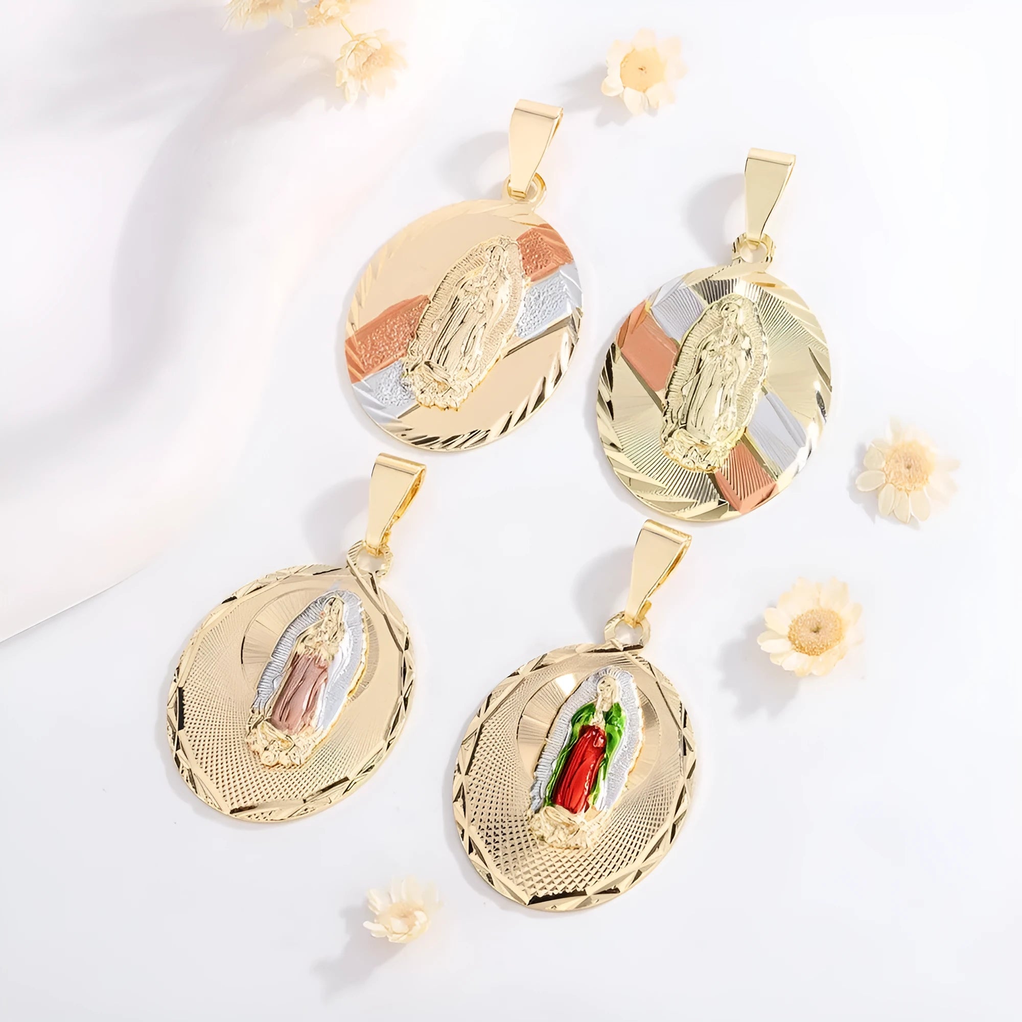 Copper Virgin Mary gilded painting necklace pendant on display, showing original design and electroplated finish
