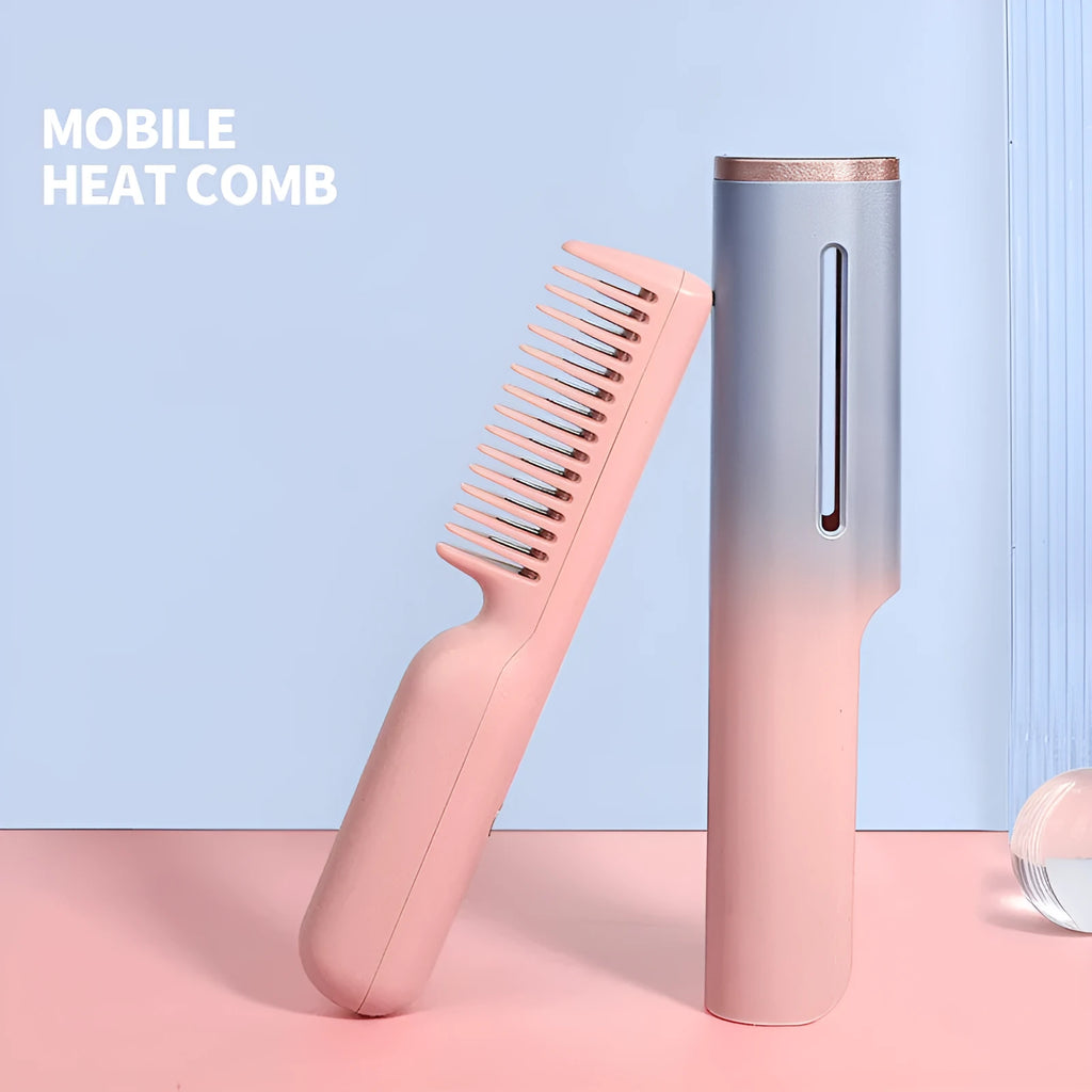 Wireless USB hair straightening comb with tourmaline ceramic heating in 3D gradient green finish