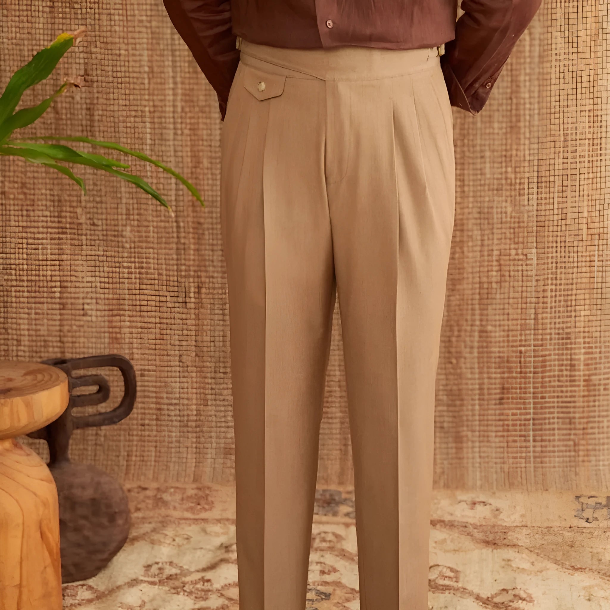 Men's slim fit straight leg business trousers in a wrinkle-resistant fabric.