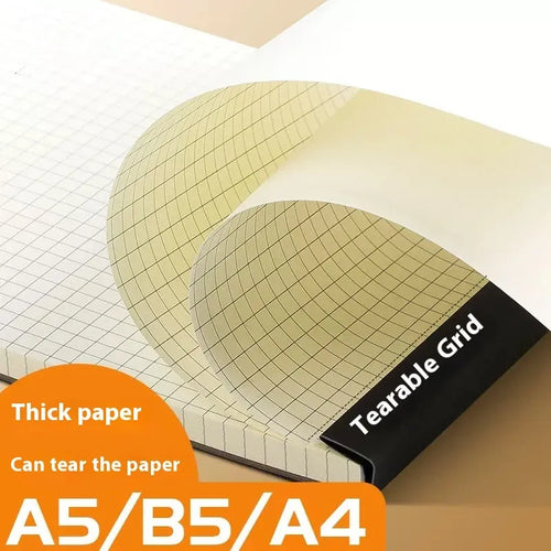 A5, B5, and A4 writing pads with tearable sheets in line, grid, and blank page styles.