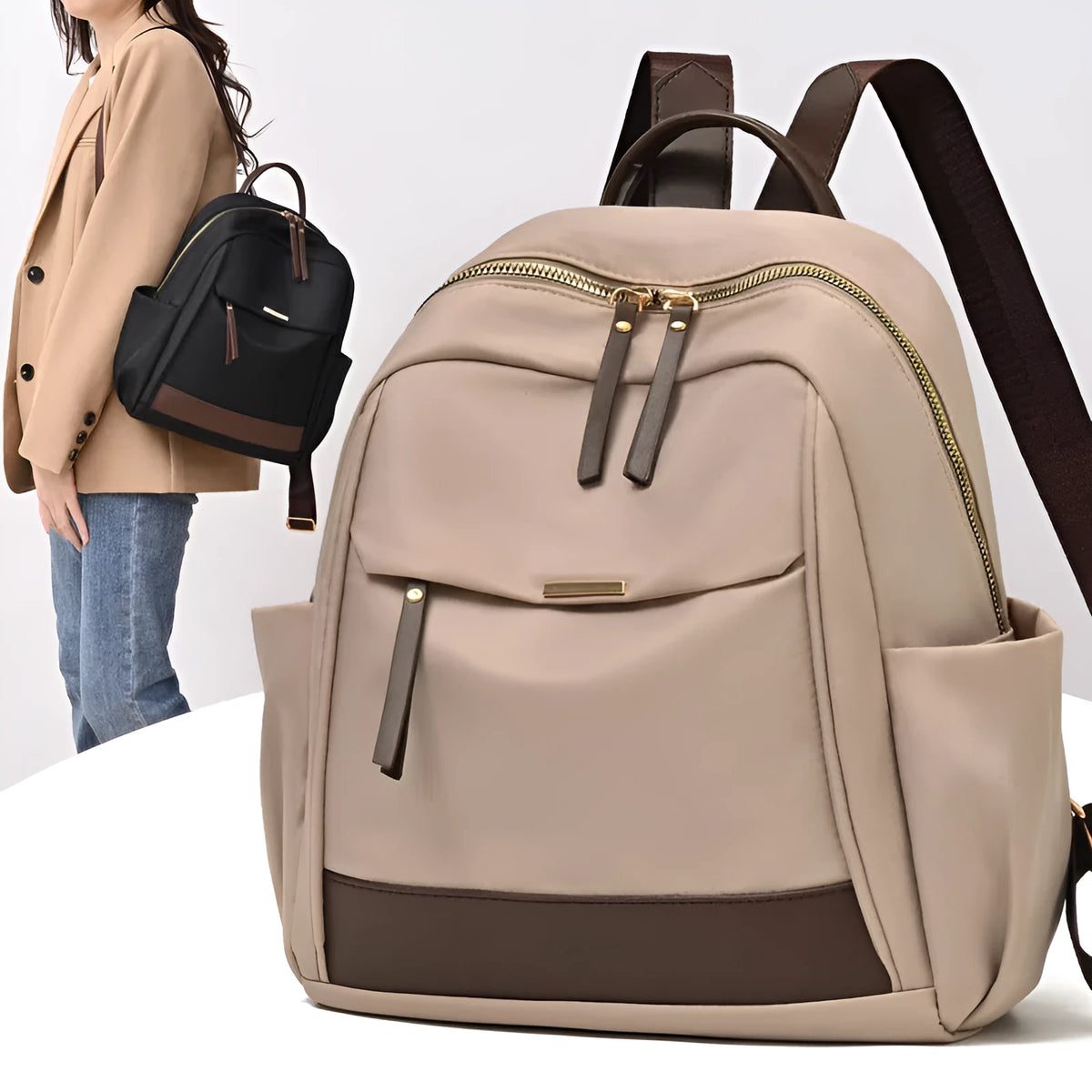 Women's large-capacity nylon travel backpack in black or milk tea colour with polyester lining and internal patch pocket.