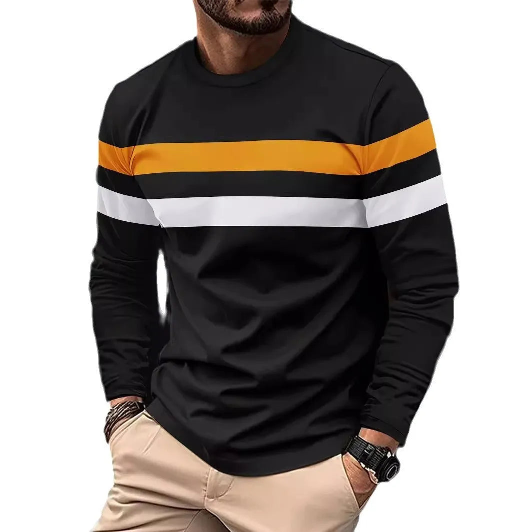 Men's casual round neck long sleeve T-shirt top in cotton blend, loose fit, available in multiple colours