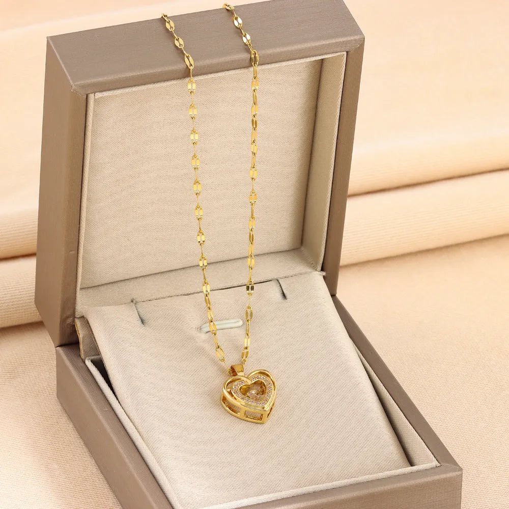 Double-layer love necklace with heart-shaped rhinestone pendant, titanium steel chain, electroplated 8018 Smart Love colour, adjustable 40+5cm length