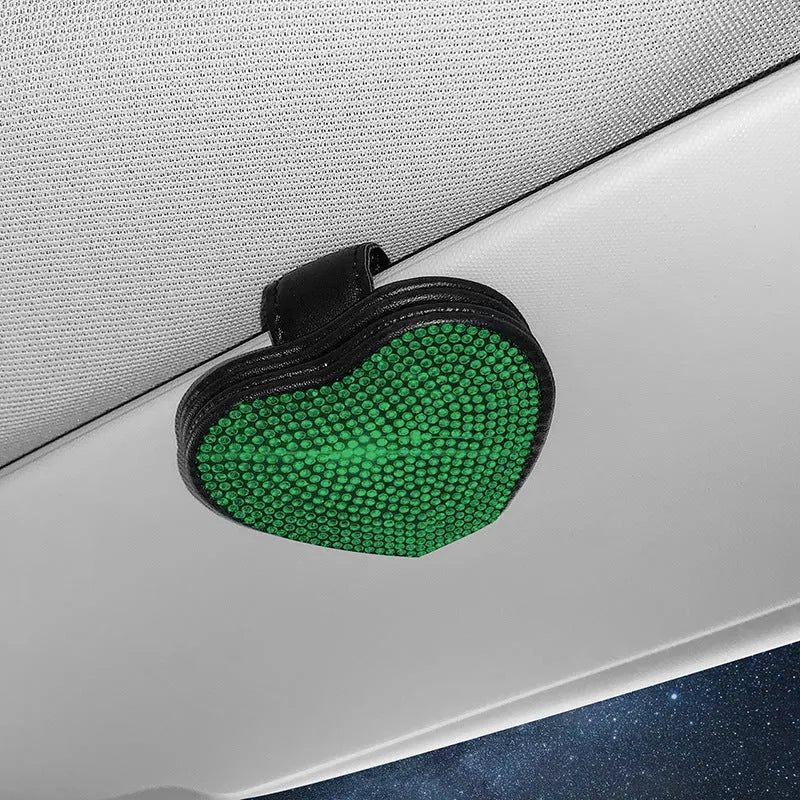 PU leather car sun visor clip with diamond pattern, holding sunglasses and cards.