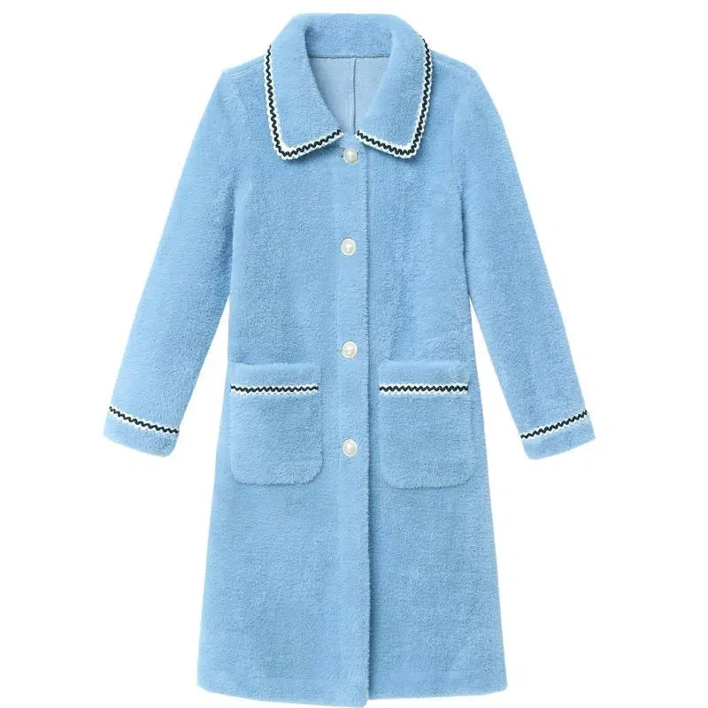 Women's mid-length faux mink fleece coat in blue or white, straight cut, sizes M to XXXXL, polyester