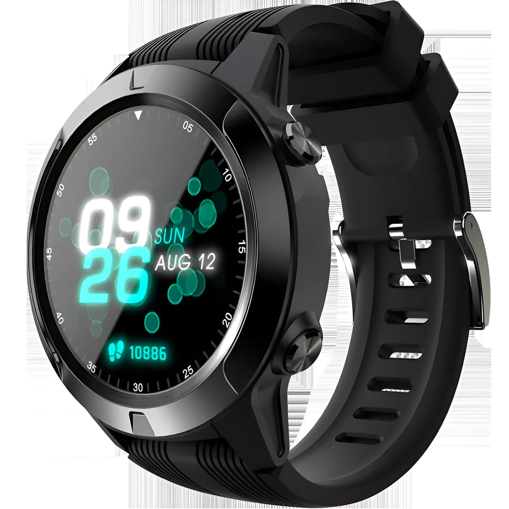 Black men's smart watch with 1.3 inch screen showing fitness metrics
