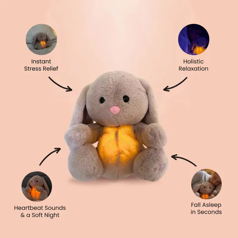 Breathing rabbit plush toy with moving belly showing rhythmic breathing motion for baby comfort
