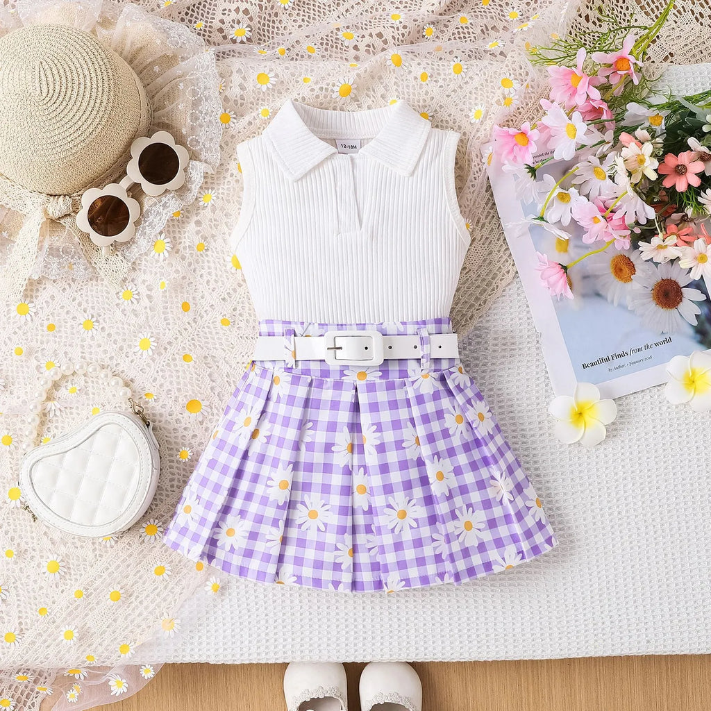Girls three-piece skirt suit with sleeveless stripe top, daisy plaid skirt, and belt in green colour