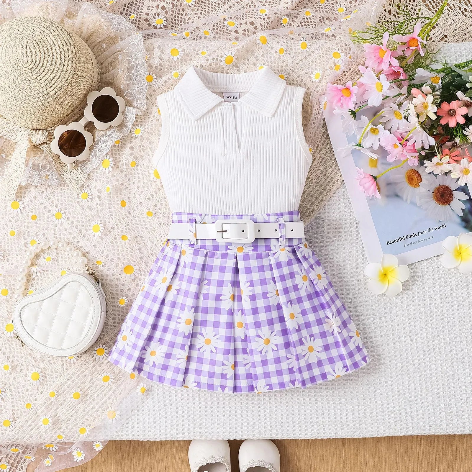 Girls three-piece skirt suit with sleeveless stripe top, daisy plaid skirt, and belt in green colour