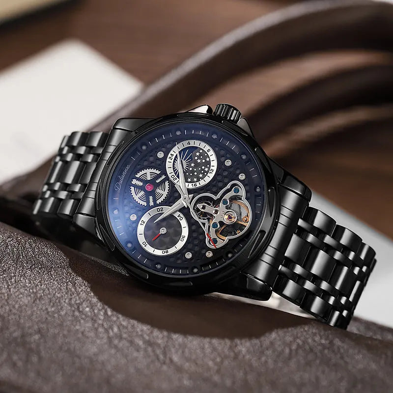 Men's black and white automatic waterproof watch with luminous dial and steel or leather strap