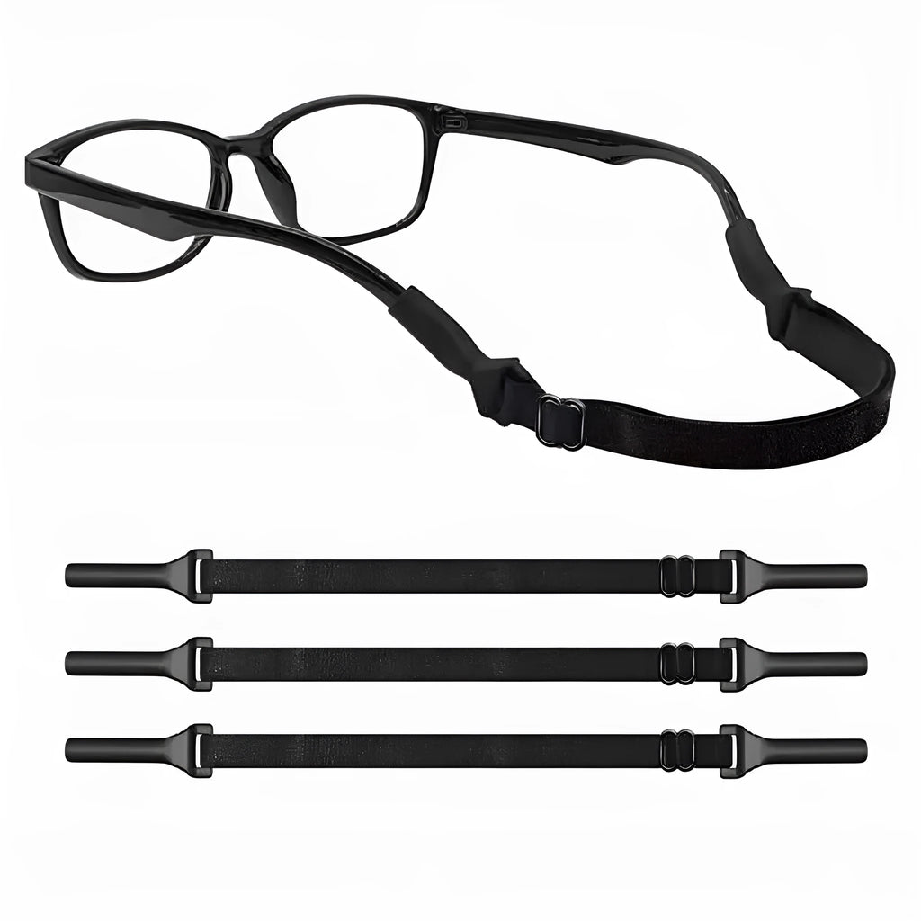 Black adjustable glasses cord with silicone earpiece tips for anti-slip eyewear retention