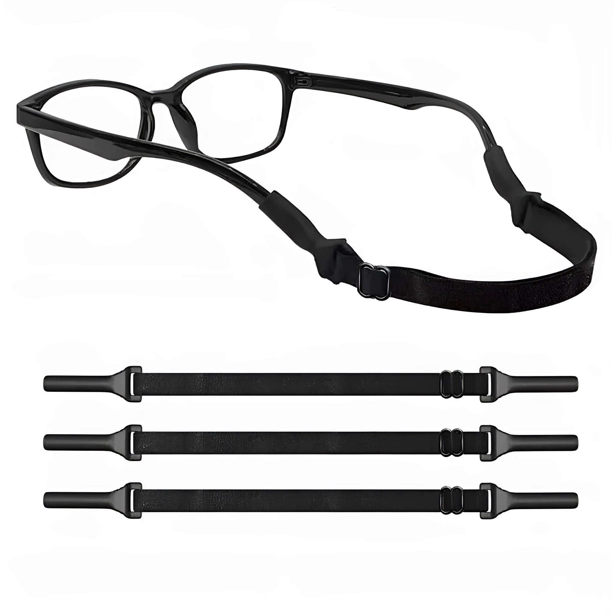 Black adjustable glasses cord with silicone earpiece tips for anti-slip eyewear retention
