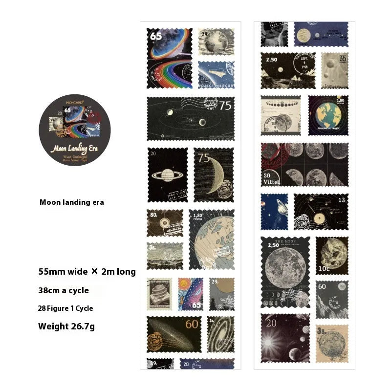 A roll of retro-patterned coated paper stamp stickers, 55mm wide, for DIY journal decoration.