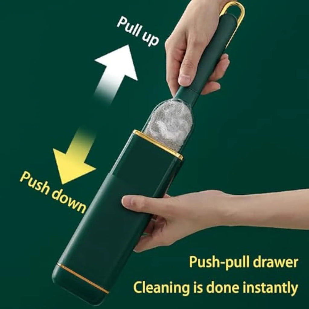 Blue reusable pet hair remover brush with a self-cleaning storage box base.