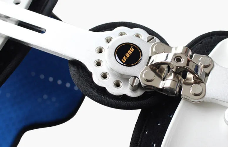 Hip joint brace in white colour with rigid PP construction for postoperative leg support, one size fits all