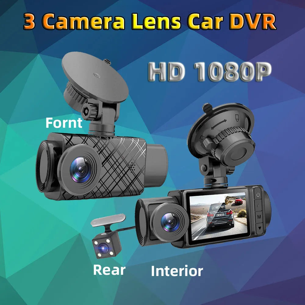 Black dashcam with 2 inch touch screen mounted on car dashboard showing 1080P recording display