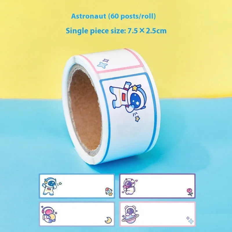 Roll of cartoon name tape stickers showing dinosaur, astronaut, rabbit, and girl design options
