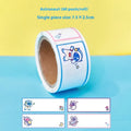 Roll of cartoon name tape stickers showing dinosaur, astronaut, rabbit, and girl design options