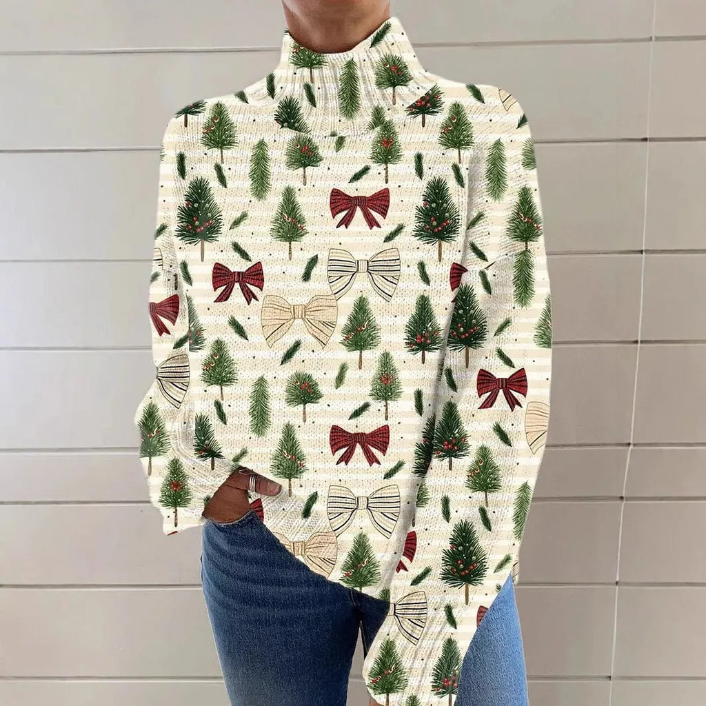 Women's loose fit Christmas printed turtleneck sweater in a macaron colour