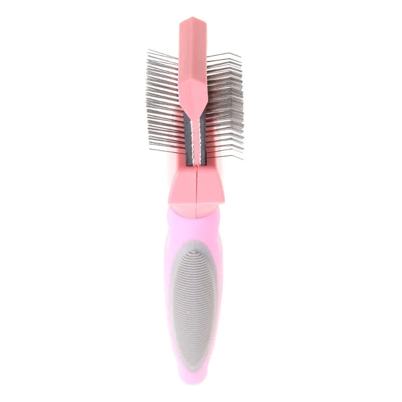 Blue dual-sided pet grooming brush with stainless steel pins on a wooden table.