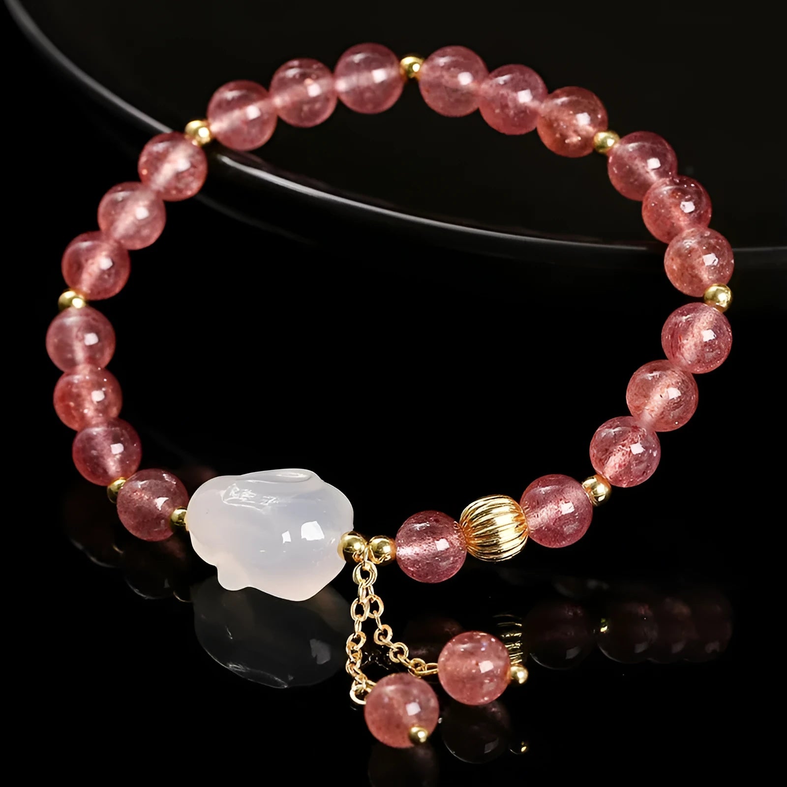 Strawberry quartz agate white rabbit bracelet with 6mm beads, geometric round design.
