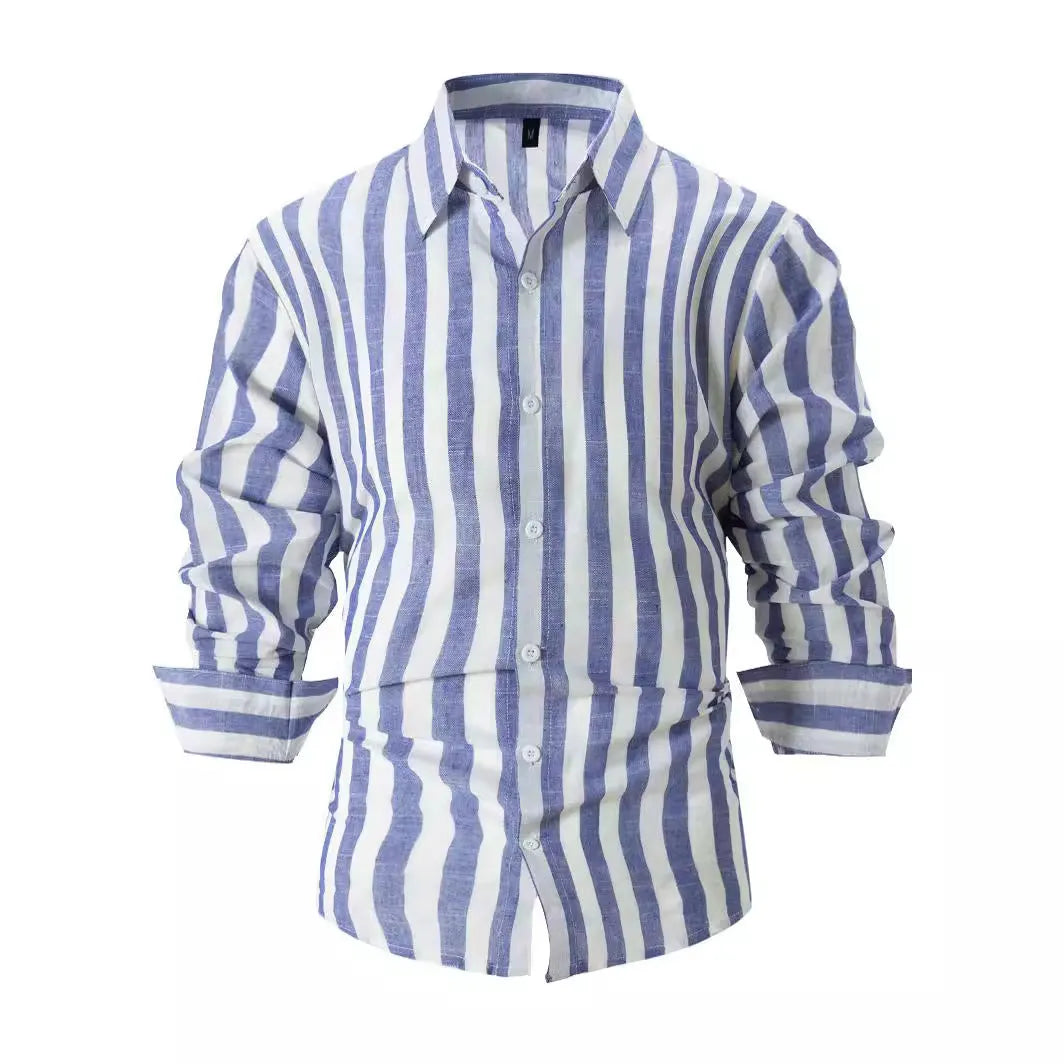 Men's yarn-dyed striped casual shirt with loose fit cardigan style in polyester fabric